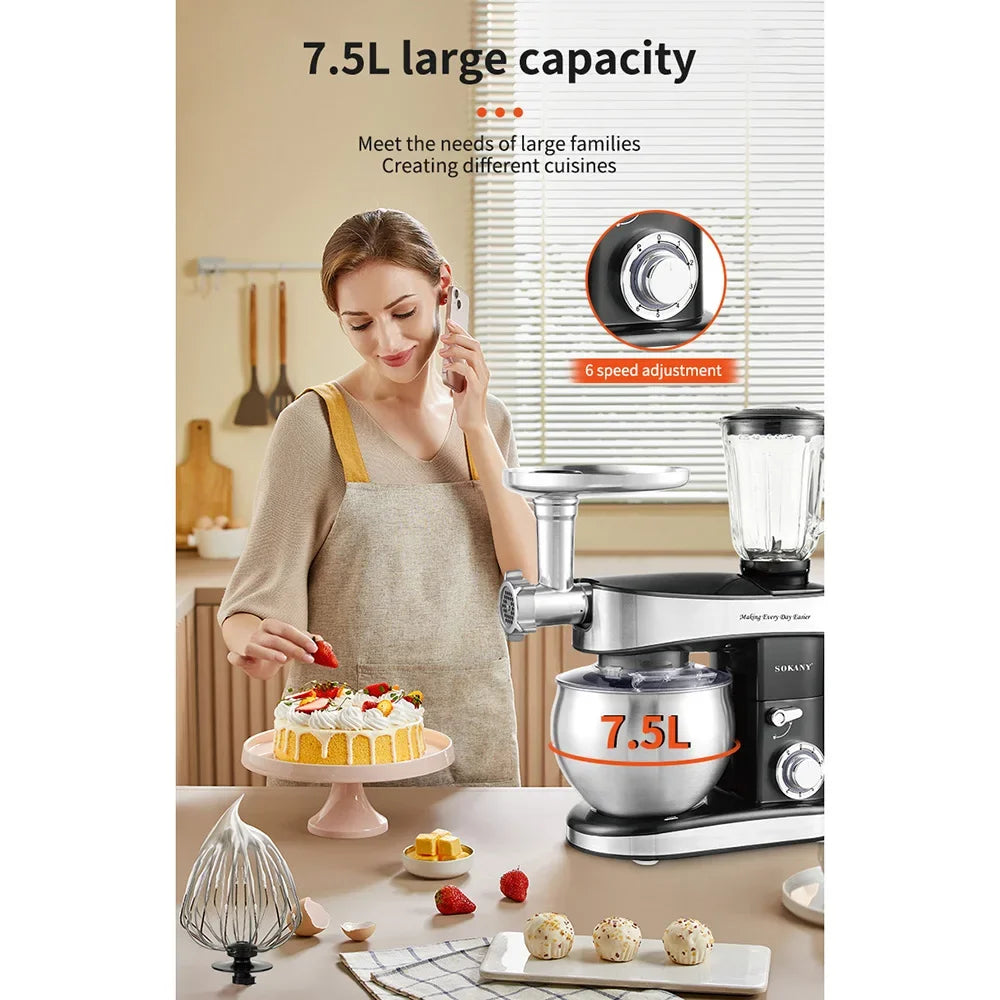 Houselin Multifunction Stand Mixer, 7.5L Stainless Steel Bowl for Baking Mixes, 5-in-1, Suitable for Most Home Cooks